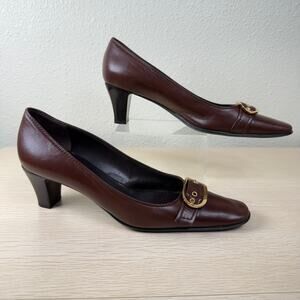 Vintage St John Brown Square Toe Buckle Heel Pumps Quiet Luxury Heritage 6 36